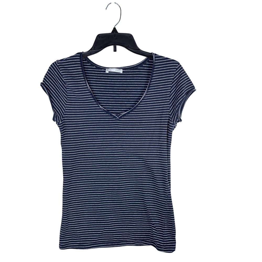 Zara TRF Organic Cotton Striped V-Neck T-Shirt Cap Sleeve Navy Blue White L